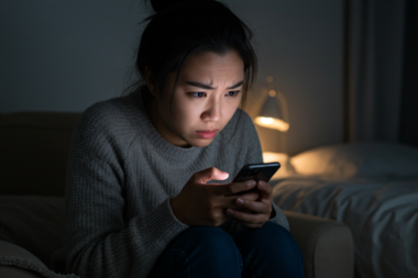 A stressed-out person checking their phone late at night. Zombie Scrolling vs Doomscrolling