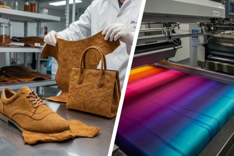 Lab-grown leather material in production. Waterless dyeing process used for sustainable fashion