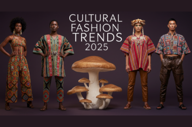 A diverse group of models representing global cultures: one wearing a modern Afro-Deco outfit, another in futuristic Andean poncho streetwear, another in mushroom-leather trousers, and one with hand-beaded accessories.
