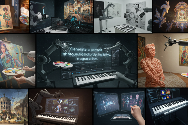 Gallery wall of AI art and human-made paintings side by side