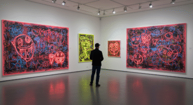 Gallery with chaotic abstract paintings reflecting contemporary painting trends