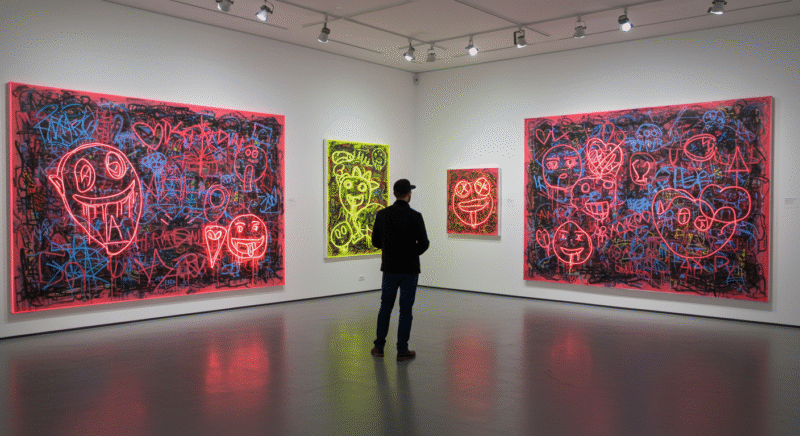 Gallery with chaotic abstract paintings reflecting contemporary painting trends