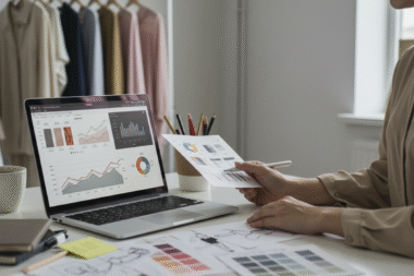 A fashion designer reviewing analytics on a laptop with fabric swatches and charts in a minimalist workspace—representing fashion analytics 2025