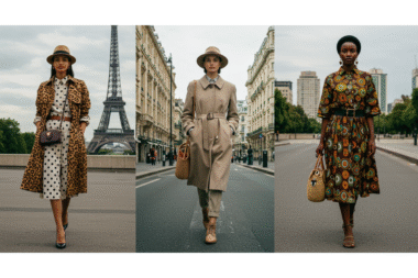 Paris, Vienna, and Nairobi street style in 2025 showing leopard print and trench coat fashion trends