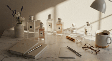 Elegant perfume bottles arranged on a desk with office items, representing the best office fragrances for work