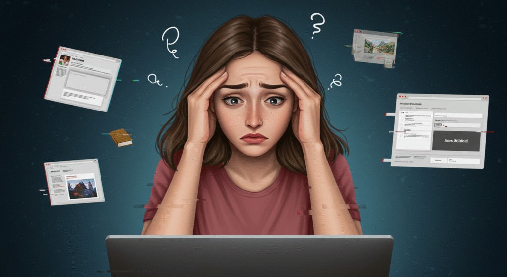 Tired woman showing signs of high cortisol at her desk