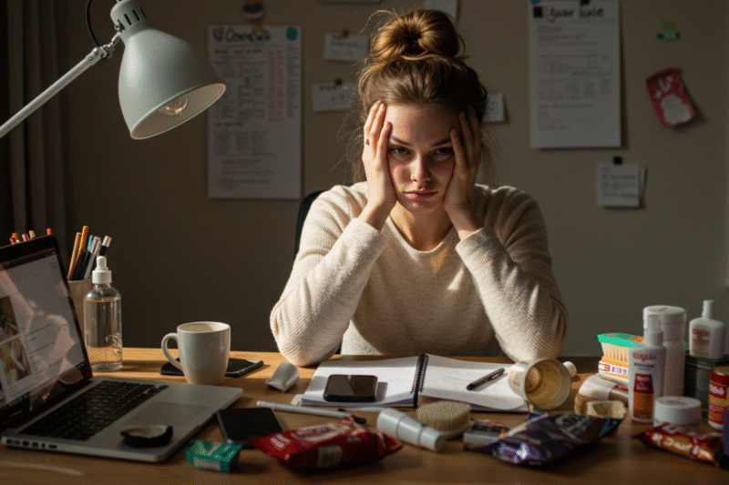Tired woman showing signs of high cortisol at her desk