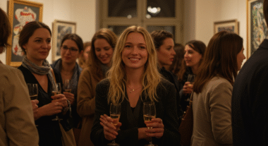 Confident creative networking at a gallery in Vienna. Showing why some people are instantly likeable.