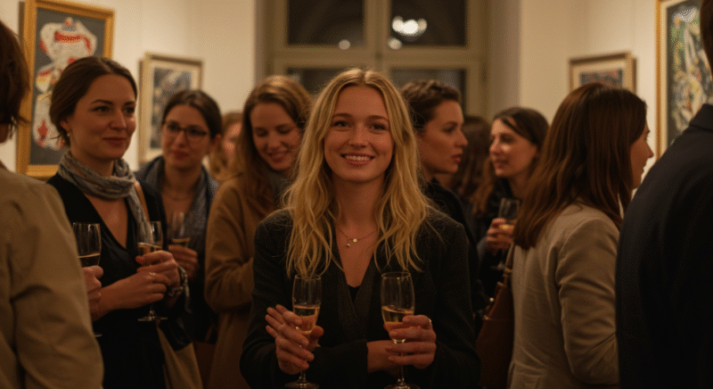 Confident creative networking at a gallery in Vienna. Showing why some people are instantly likeable.