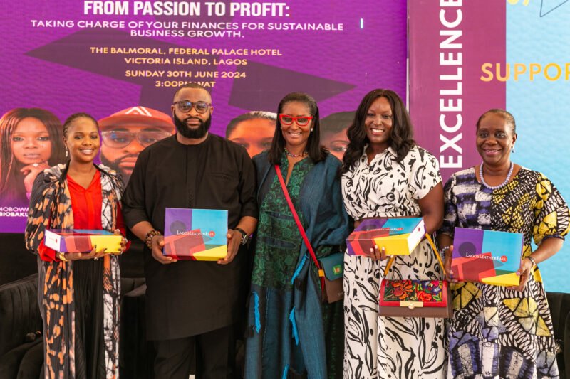 L-R: Mrs Omobowale Biobaku, Founder and CEO of Mobos Fashion; Mr Arthur Nkemeh, Head of SME Banking, Wema Bank; Mrs Femi Olayebi, Creative Director of FemiHandbags / Founder of Lagos Leather Fair; Mrs Sinmi Olayebi Ademusan, Lead Consultant, FMCG; Taba Peterside, CEO of Waveline Growth Partners at Lagos Leather Fair 2024
