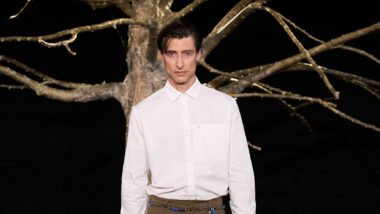 Model wearing P.Andrade’s SS26 collection “The Tree is Your Spine” with smart textiles and Brazilian lace, showcased at Paris Fashion Week