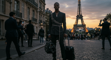 Paris Fashion week attendee in structured black blazer and sunglasses