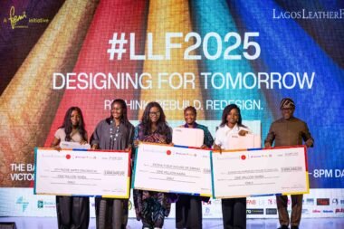 Femi Olayebi, Convener LLF 2025 with Wema Bank, representatives Ayodele Olojede, Divisional Head, Retail & SME and Tunde Mabawonku, Executive Director, Retail & Digital Business presenting cheques of ₦1,000,000 each to three standout leatherpreneurs: EwaOluwa Morenikeji of House of Ewa LTD, Joy Fache James of Paciencia, and Fatima Yusuf of House of Zibima at the recently concluded LLF 2025