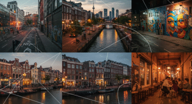 A vibrant, cinematic collage blending seven global creative capitals — Berlin’s graffiti-covered walls and underground clubs, Lagos’ colorful street markets and bold runway fashion, Seoul’s futuristic skyline and neon-lit K-beauty stores, Nairobi’s collaborative art hubs and African-inspired digital murals, Amsterdam’s sleek canals with sustainable fashion runways, Buenos Aires’ tango dancers in street art alleys, and Vienna’s elegant cafés with modern design studios