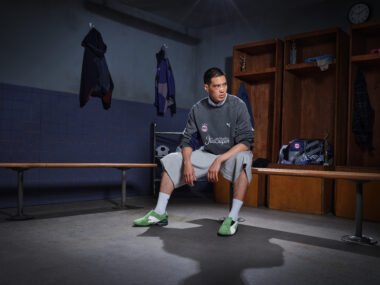 Models wearing outfits from the PUMA x KidSuper Gaffers collection inspired by football coaches.