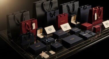 Luxury shopping bags and designer boxes arranged elegantly for Black Friday 2025