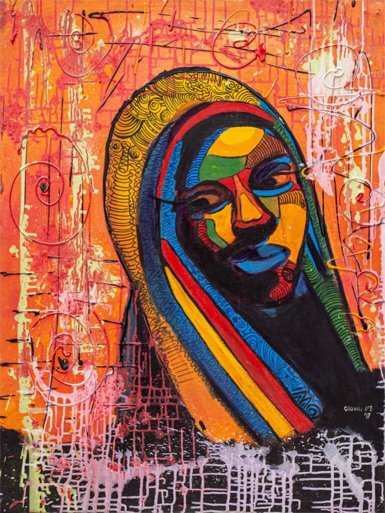 Close-up of Ife Olowu’s mixed-media artwork merging art and technolog