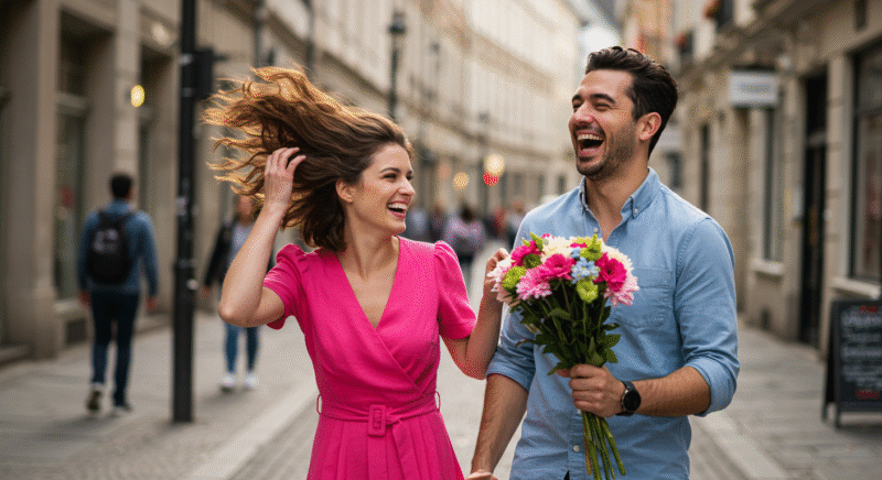 Couple laughing and flirting playfully to keep romance alive