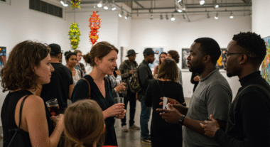 Contemporary African art exhibition featuring works by El Anatsui and Njideka Akunyili Crosby displayed in Berlin, London, and Los Angeles galleries.”