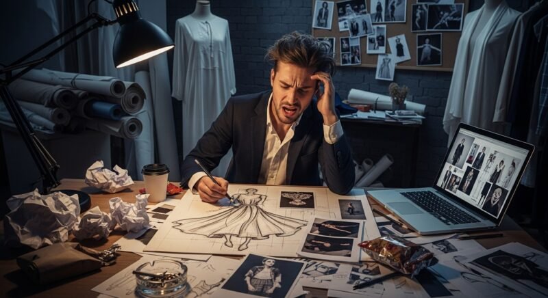 Fashion designer sketching clothing while managing stress