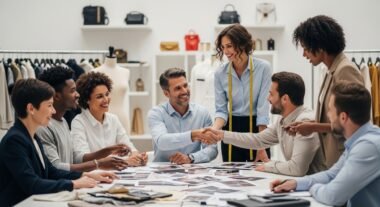 Two fashion designers collaborating on a new collection, symbolizing strong partnerships in the fashion industry