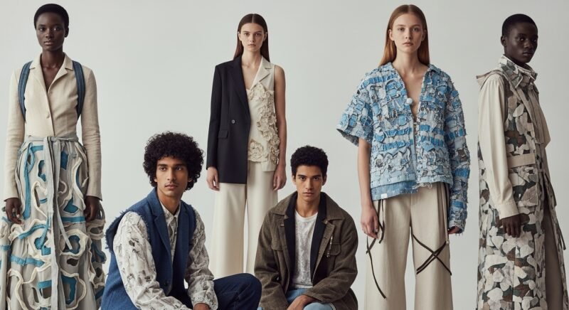 Designer examining eco-friendly fabrics representing sustainable fashion innovation beyond upcycling