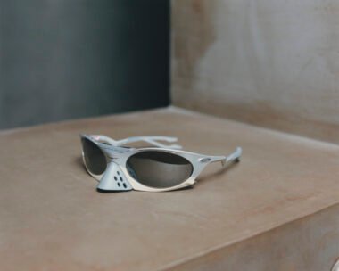 Models wearing the Piet x Oakley post-apocalyptic collection photographed at the Oakley Bunker, blending futurism with vintage-treated fabrics.
