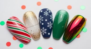 DIY holiday nail art designs including candy cane stripes, gold glitter tips, evergreen gradients, snowflake accents, and chrome festive nails