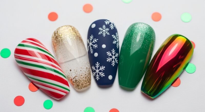 DIY holiday nail art designs including candy cane stripes, gold glitter tips, evergreen gradients, snowflake accents, and chrome festive nails