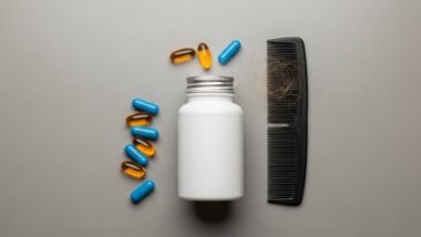 Hair loss treatment pills and hair follicles illustration showing how hair loss medications work.