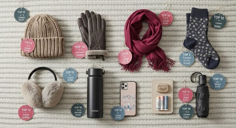 Flat lay of affordable winter accessories including cashmere beanie, leather gloves, scarf, and statement belt under $200