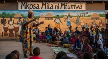 African storyteller performing before a crowd, symbolizing cultural identity and the proverb Mkosa Mila ni Mtumwa