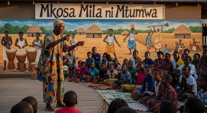 African storyteller performing before a crowd, symbolizing cultural identity and the proverb Mkosa Mila ni Mtumwa