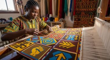 African artist weaving traditional textile patterns symbolizing cultural ownership and the fight for Africa’s creative economy