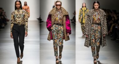 Model wearing Fall 2025 bold print outfit showcasing maximalist fashion trends with animal and geometric patterns