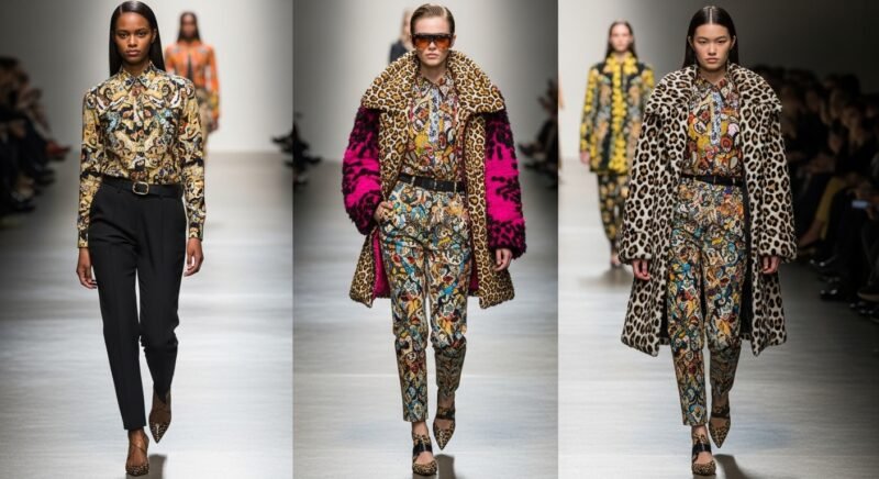 Model wearing Fall 2025 bold print outfit showcasing maximalist fashion trends with animal and geometric patterns