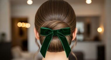 Elegant low bun holiday hairstyle with velvet ribbon bow