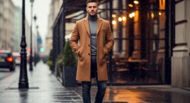 Man wearing a camel wool topcoat styled for modern winter fashion