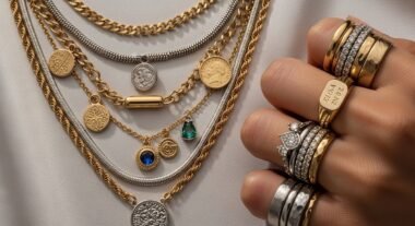 Layered gold and silver jewelry stack featuring necklaces and rings