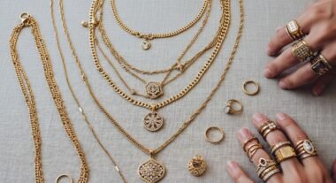 Layered gold necklaces and rings styled by fashion influencer