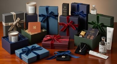 Luxury gift items under £50 beautifully wrapped in matte boxes with velvet ribbons