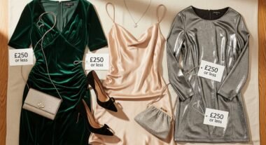 A curated selection of elegant holiday dresses under £250, including velvet, slip, and metallic styles perfect for wearing all season