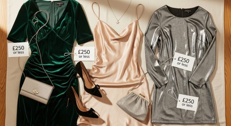 A curated selection of elegant holiday dresses under £250, including velvet, slip, and metallic styles perfect for wearing all season