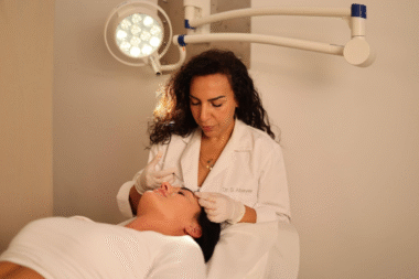 Woman with natural-looking skin receiving subtle aesthetic consultation.