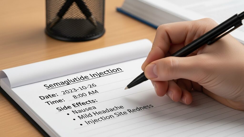 Hand writing semaglutide injection notes including date, time, and side effects