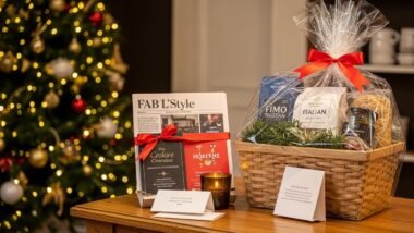 Elegant last-minute holiday gifts wrapped with ribbon and festive lights