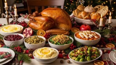 Festive Christmas table filled with indulgent holiday side dishes