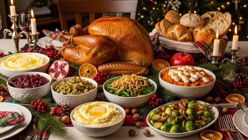 Festive Christmas table filled with indulgent holiday side dishes