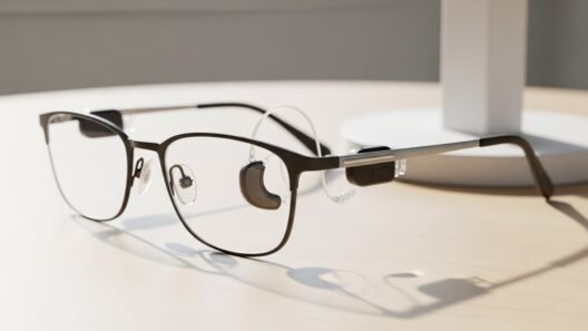 Stylish modern hearing glasses combining vision correction and discreet audio enhancement in a sleek eyewear frame