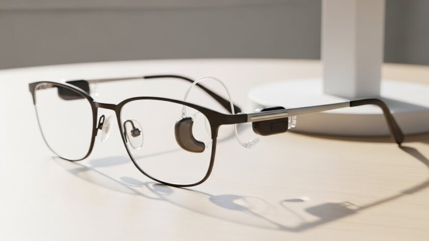 Stylish modern hearing glasses combining vision correction and discreet audio enhancement in a sleek eyewear frame